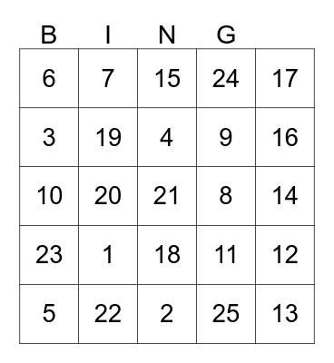 Number Bingo Card