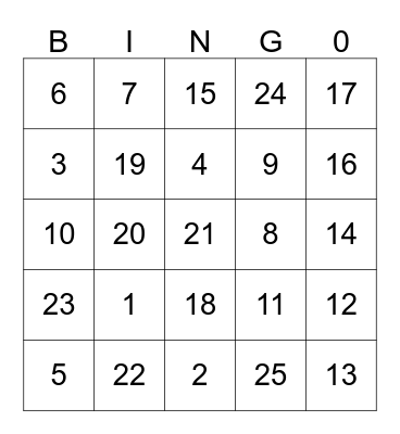 Number Bingo Card