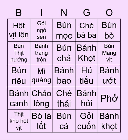 Ẩm Thực Việt Bingo Card