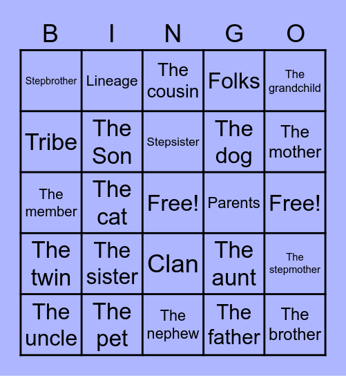 La Familia ~ English Bingo Card