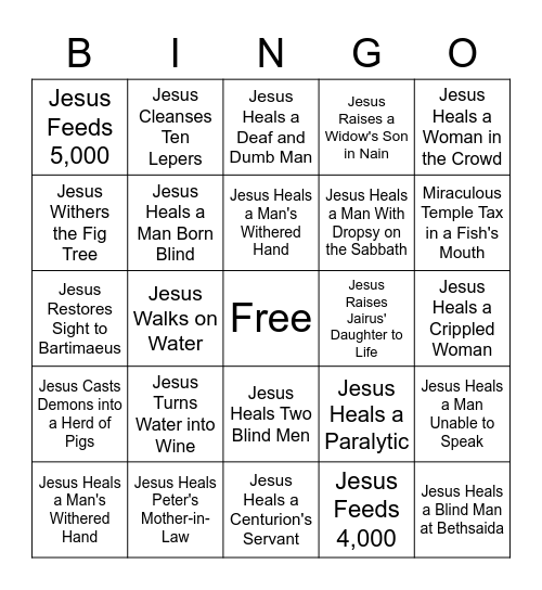 Miracles of Jesus Bingo Card
