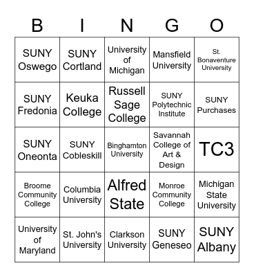 Where did you go to College? Bingo Card