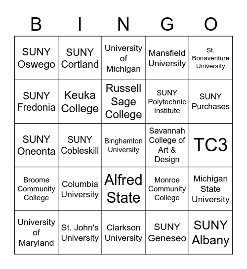 Where did you go to College? Bingo Card