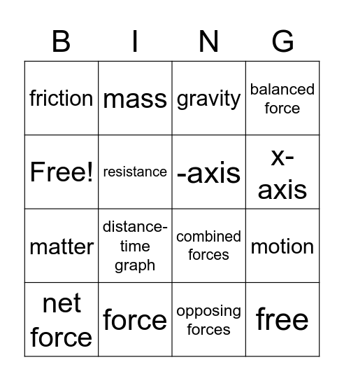 5th Grade Forces of Motion Bingo Card