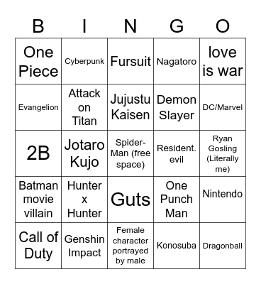 Comicon Cosplay Bingo Card