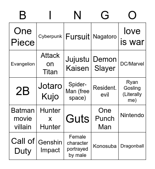 Comicon Cosplay Bingo Card