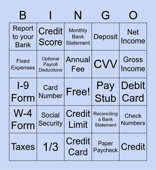 Unit 6 Exam Review: Financial Literacy Bingo Card