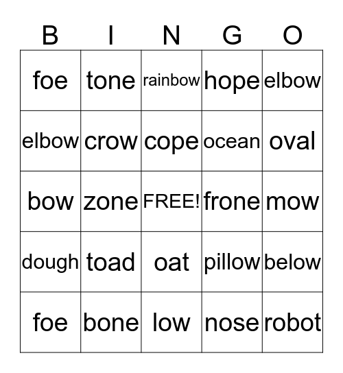 Long O Bingo Card