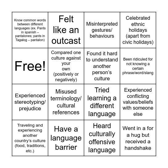 Intercultural Understanding Bingo Card