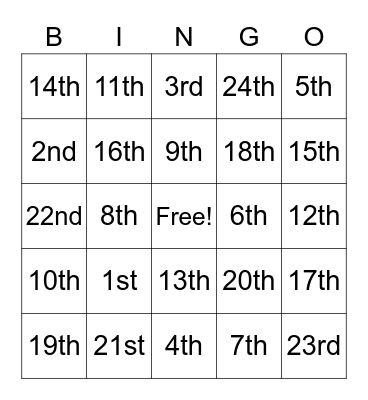 Ordinal Numbers Bingo Card