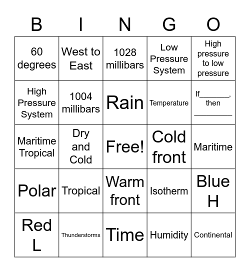 Weather Test Review Bingo Card
