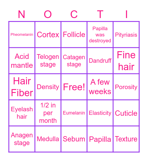 Trichology Bingo Card