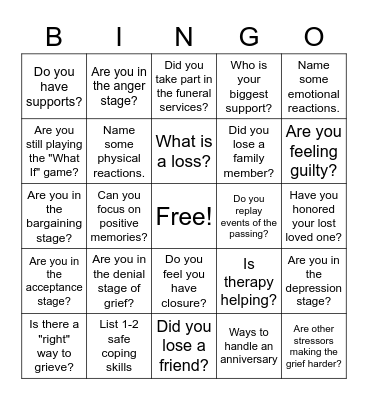 Grief and Loss Bingo Card