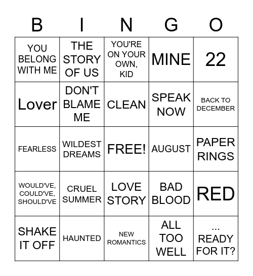 TAYLOR SWIFT SONGS Bingo Card