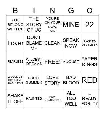 TAYLOR SWIFT SONGS Bingo Card