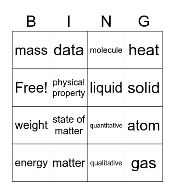 5th Grade Properties of Matter Bingo Card