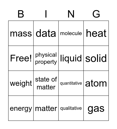 5th Grade Properties of Matter Bingo Card