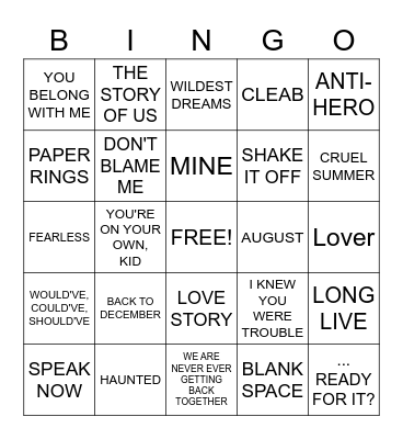 TAYLOR SWIFT SONGS Bingo Card