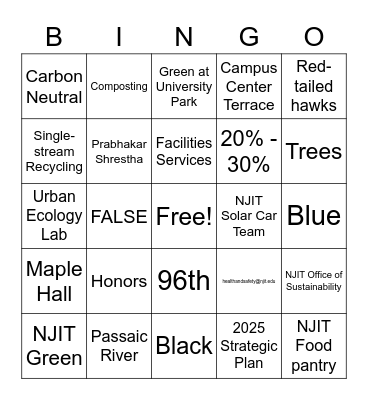 Sustainability at NJIT Bingo Card