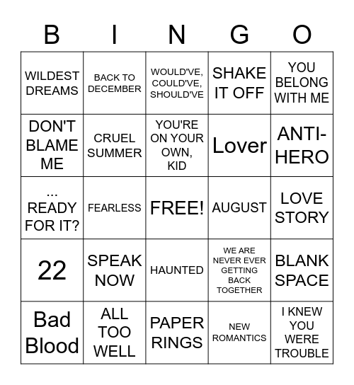 TAYLOR SWIFT SONGS Bingo Card