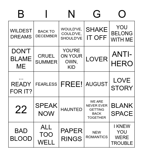 TAYLOR SWIFT SONGS Bingo Card