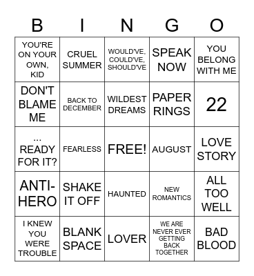 TAYLOR SWIFT SONGS Bingo Card