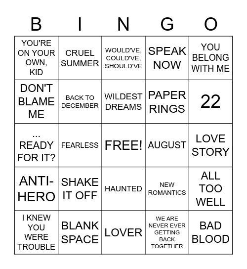 TAYLOR SWIFT SONGS Bingo Card