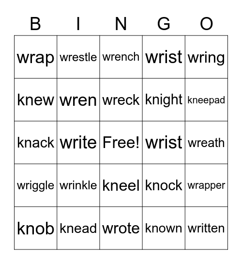 Words with /kn/ and /wr/ Bingo Card