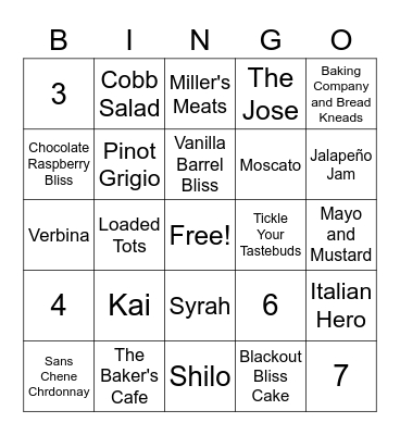 Gillig Winery Bingo Card