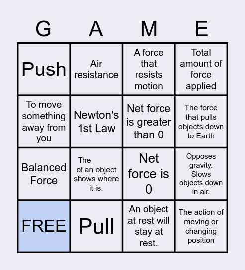 Force and Motion Bingo Card