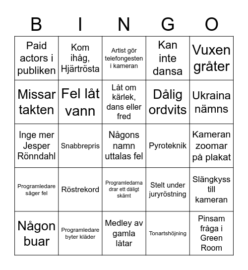 Melodifestivalen Bingo Card