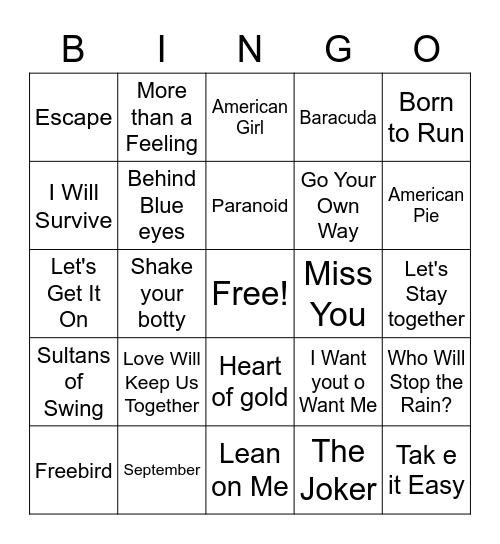 70's Bingo Card