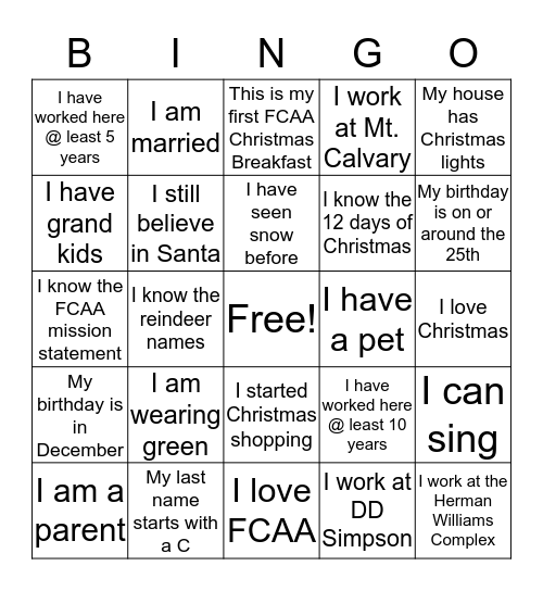 FCAA CHRISTMAS Bingo Card