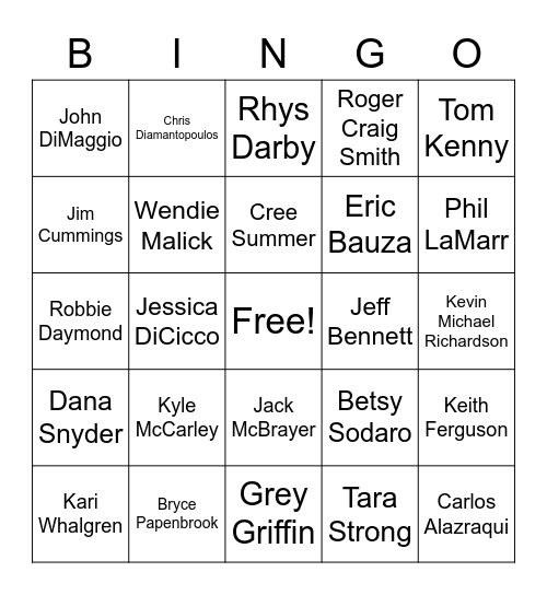 Voice Actor Bingo Card