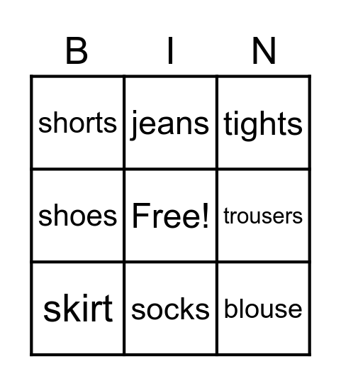 Clothes Bingo Card