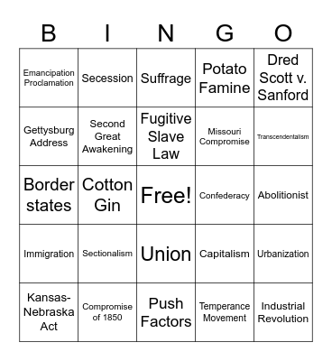 Civil War Vocab. & Review Bingo Card