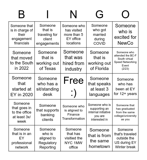 BC-F South Networking BINGO Card