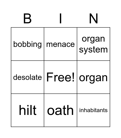 Vocabulary Unit 8, Week 2 Bingo Card