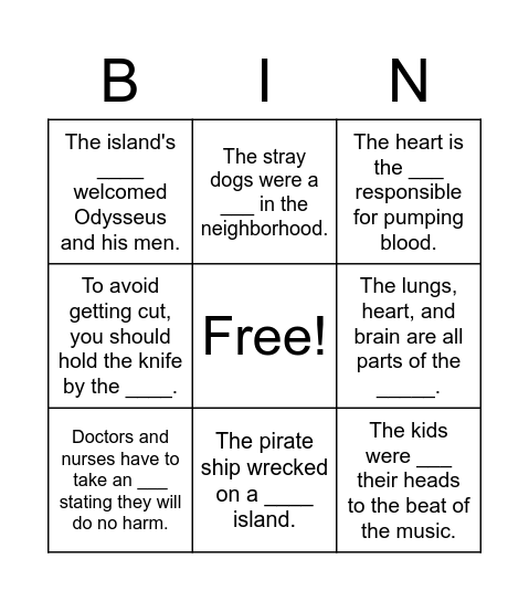 Vocabulary Unit 8, Week 2 Bingo Card