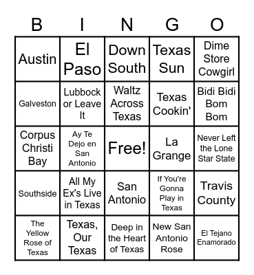 Texas Musical Bingo Card
