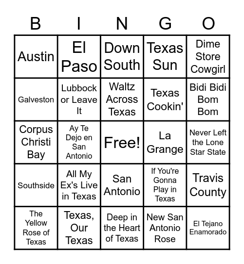 Texas Musical Bingo Card