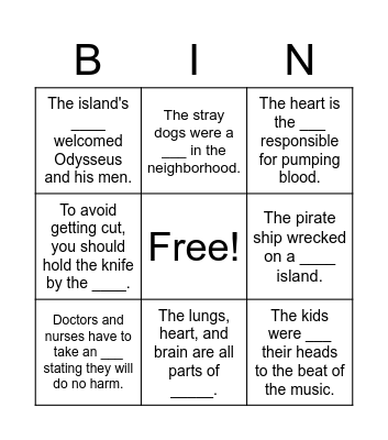 Vocabulary Unit 8, Week 2 Bingo Card