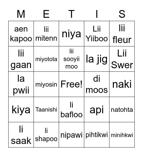 Michif Bingo Card