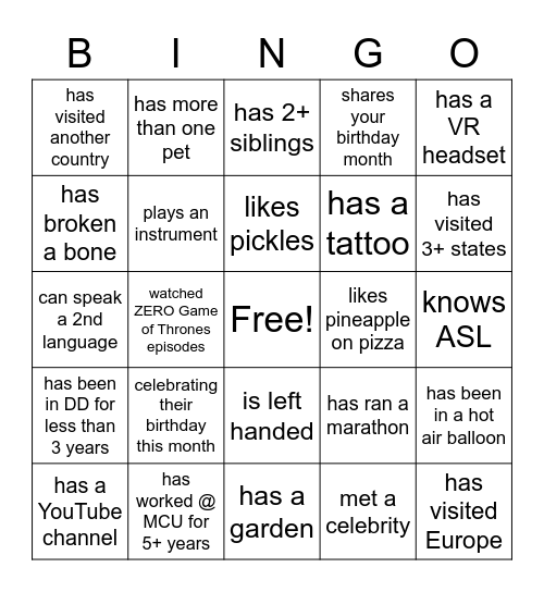 Team Building Bingo Card