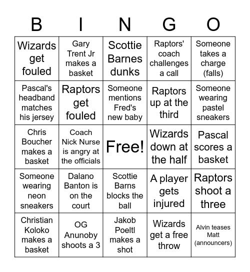 Raptors Bingo Card