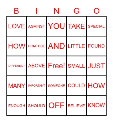 SIGHT WORDS Bingo Card