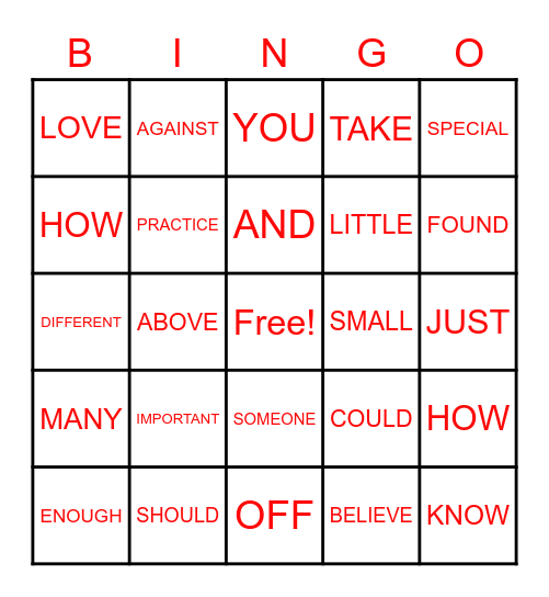 SIGHT WORDS Bingo Card