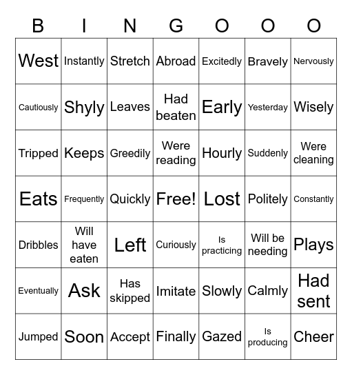 Adverbs/Verbs Bingo Card