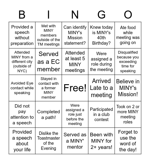 Life at MINY Bingo Card