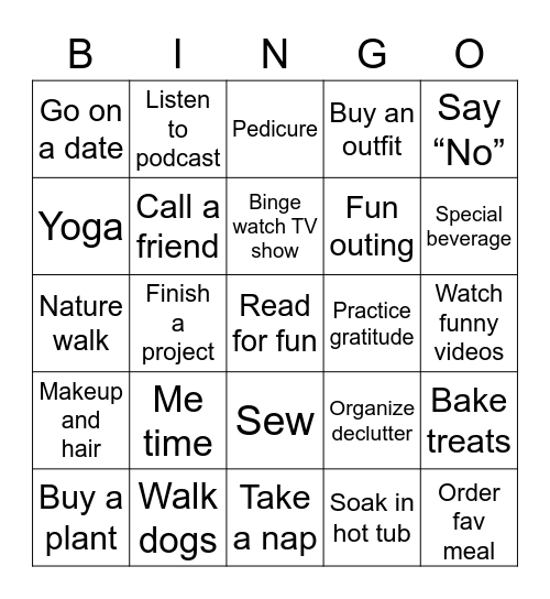 Self Care Bingo Card